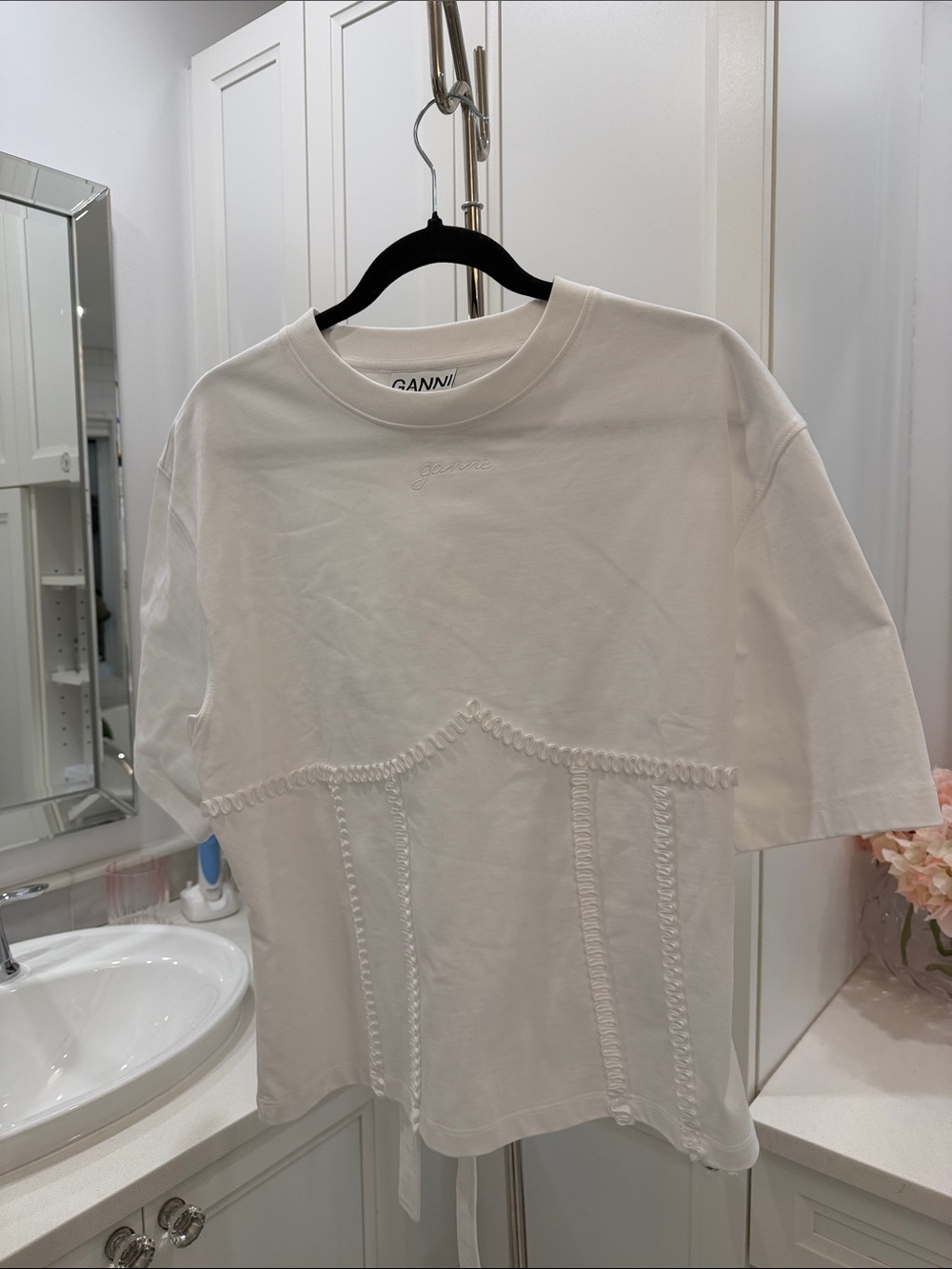 Ganni White Corset-Embroidered Tee